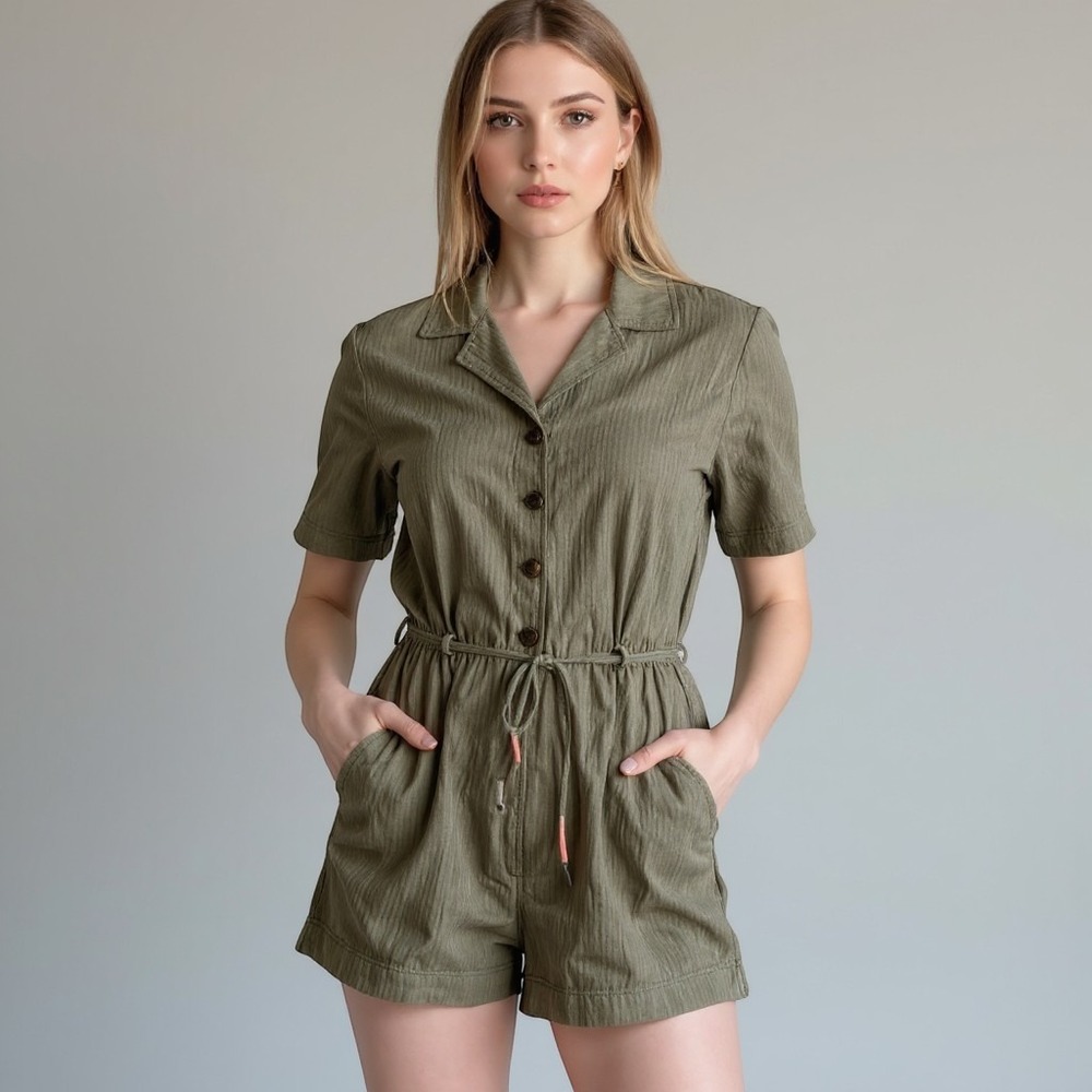 C&C California Women‎ Olive Green Cotton Gauze Button Front Romper Large
